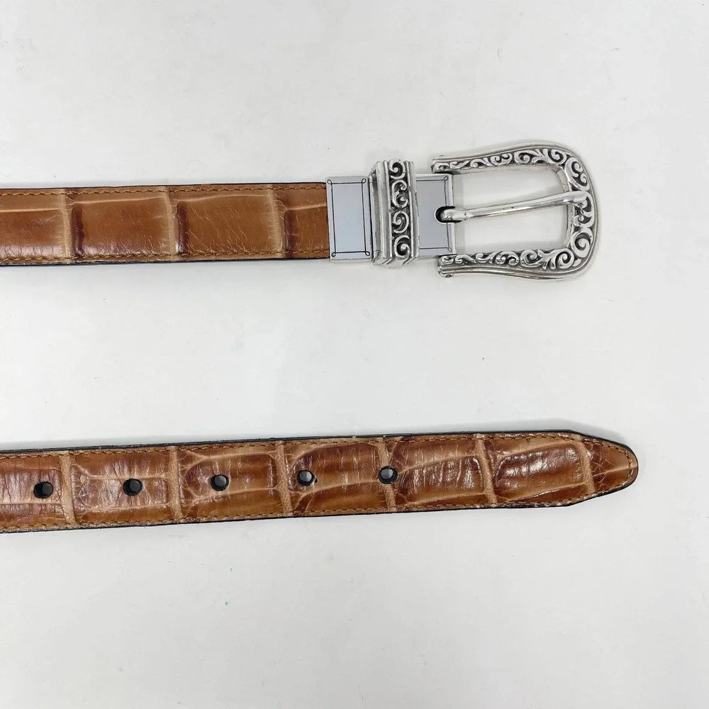 Brighton Reversible Leather Belt Wms 36 Navy Blue Brown Croc Embossed Silver